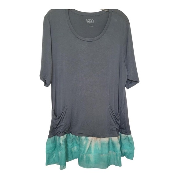 LOGO Lori Goldstein Gray Tee with Turqoise tie dye ruffle - Picture 1 of 6